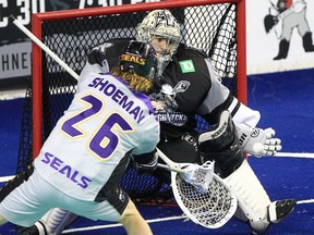 Calgary Roughnecks goaltender Christian Del Bianco makes a save on the San Diego Seals’ Patrick Shoemay on WestJet Field at Scotiabank Saddledome on Friday, Dec. 17, 2021.