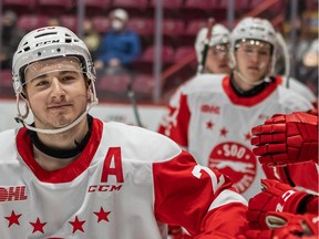 This has been a common sight this season -- Calgary Flames forward prospect Rory Kerins skating by the Soo Greyhounds bench to celebrate a goal. One of the Ontario Hockey League's top scorers, he is averaging 1.69 points per game so far in 2021-22.