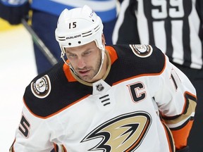 Anaheim Ducks centre Ryan Getzlaf reflects on a missed opportunity against the Jets in Winnipeg in this photo from Oct. 21, 2021.