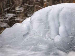 Waves of splash ice formed at the top of the biggest waterfall at Big Hill Springs Park northwest of Cochrane, Ab., on Monday, March 7, 2022.