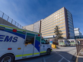 Ambulances outside the emergency entrance at Foothills hospital on Thursday, March 10, 2022.
