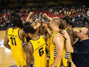 The Edmonton Stingers, pictured celebrating a run during their CEBL championship run last season, are taking part in the Basketball Champions League of Americas competition in Calgary.