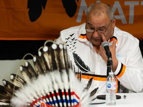 Kapawe'no First Nation Chief Sydney Halcrow speaks about the discovery of 169 potential remains with ground penetrating radar at the former Grouard Mission site in Treaty 8 during a press conference in Edmonton on Tuesday, March 1, 2022.