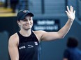 Ashleigh Barty celebrates after defeating Sofia Kenin at the Adelaide International WTA tournament in Adelaide.