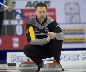 Wild Card 1 skip Brad Gushue gives instruction to his team during the Brier final against team Alberta. Gushue beat Kevin Koe's team 9-8 in extra ends.