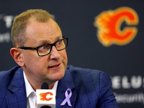 Calgary Flames General Manager Brad Treliving speaks to the at the Scotiabank Saddledome in Calgary on Wednesday, March 16, 2022.