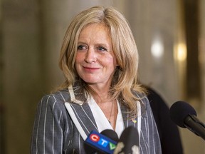 Rachel Notley, leader of the Alberta NDP and leader of the official Opposition responds to the UCP budget at the Alberta Legislature on Thursday, Feb. 24, 2022 in Edmonton.