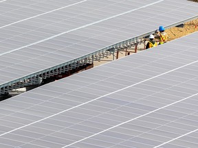 Construction workers near completion of the solar panels covering the parking lot at Telus Spark on Monday, March 14, 2022. Called the The Renfrew Solar Carport, the project includes 2,292 solar panels expected to generate enough energy to power 120 homes for a year.