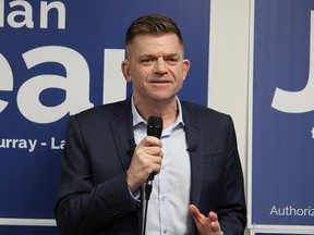 Brian Jean speaks to supporters at his campaign office in Fort McMurray as early unofficial results roll in from the Fort McMurray-Lac La Biche byelection on Tuesday, March 15, 2022.