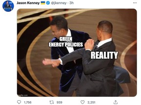 A tweet from Alberta Premier Jason Kenney Twitter Account. Monday, March 28, 2022.