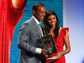 Inductee Tiger Woods and daughter Sam Alexis Woods pose during the 2022 World Golf Hall of Fame Induction at the PGA TOUR Global Home on March 9, 2022 in Ponte Vedra Beach, Fla.