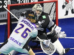 Calgary Roughnecks goaltender Christian Del Bianco, pictured making a save against the San Diego Seals’ Patrick Shoemay during a game on WestJet Field at Scotiabank Saddledome, in December, delivered a solid performance in a road game against the Seals on Saturday.