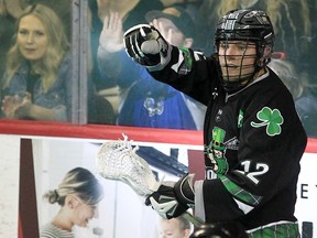 The Calgary Roughnecks’ Tanner Cook celebrates after scoring a goal against the Saskatchewan Rush on WestJet Field at Scotiabank Saddledome during their St. Patrick’s Day game on March 17, 2022.