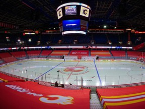 A view of the Calgary Saddledome prior to a game on Jan. 24, 2021. Fans were not allowed inside the building at the time due to COVID-19 protocols.