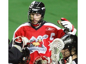 The Calgary Roughnecks' Tracy Kelusky, celebrates a goal with teammates against the San Jose Stealth during the second period of play in their NLL division final at the Pengrowth Saddledome in Calgary May 9, 2009.  Stuart Gradon/ Calgary Herald