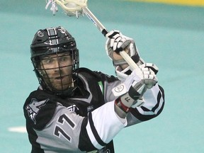 The Roughnecks' Zach Currier looks for an open man during the first half of action as the Calgary squad hosted the Colorado Mammoth at the Saddledome in this photo from Feb. 11