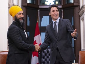 NDP leader Jagmeet Singh meets with Prime Minister Justin Trudeau on Parliament Hill in Ottawa on Nov. 14, 2019.
