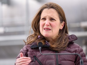 Deputy Prime Minister Chrystia Freeland speaks at a media event at Alberta Carbon Conversion Technology Centre in Calgary on Thursday, April 14, 2022.