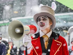 Mayor Jyoti Gondek, dressed as the white rabbit from Alice in Wonderland, speaks with the attendants at Calgary?s Parade of Wonders on Friday, April 22, 2022.