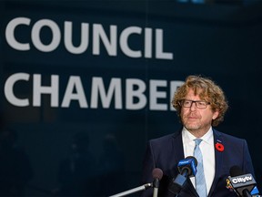 Councillor Gian-Carlo Carra speaks with the media outside Calgary Council Chamber on Monday, November 1, 2021.