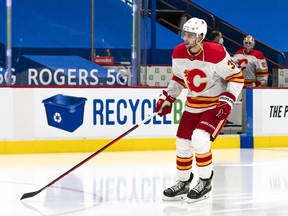 Defenceman Connor Mackey, pictured prior to his NHL first game, against the Vancouver Canucks at Rogers Arena in Vancouver on Feb. 13, 2021, is on his third call-up stint with the Calgary Flames this season.