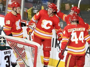 The Calgary Flames celebrate a goal from Matthew Tkachuk during the second period of action as the Calgary Flames host the visiting Arizona Coyotes at the Saddledome. April 16, 2022.