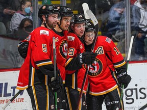 Calgary Flames prospects Jakob Pelletier, third from left, and Matthew Phillips, far right, have formed a dynamic duo for the American Hockey League’s Stockton Heat. They have combined for 55 goals and 120 points so far for their first-place club.