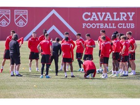 Cavalry FC players practice at ATCO Field at Spruce Meadows on Friday, April 29, 2022.The team has its home opener on Sunday.
