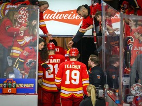 Matthew Tkachuk and the Flames make their way back to the dressing room after losing Game 5 of the Western Conference first-round series to the Colorado Avalanche in this photo from April 19, 2019.