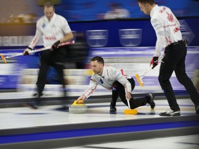 Skip Brad Gushue, pictured during a rock during the 2022 LGT World Men’s Curling Championship in Las Vegas, and Team Canada dropped their first game of the worlds, to Sweden, on Wednesday, April 5, 2022.