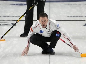Canada skip Brad Gushue yells to the sweepers during a game against Germany at the LGT World Men’s Curling Championship at Orleans Arena in Las Vegas on Tuesday, April 5, 2022.