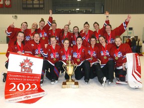The Calgary RATH celebrate their 2022 National Ringette League Canadian championship after defeating the Edmonton WAM in the final at the 7 Chiefs Sportsplex & Jim Starlight Centre on Tsuut’ina Nation on Saturday, April 9, 2022.