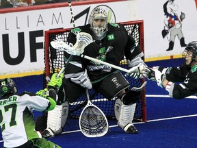 Josh Currier of the Saskatchewan Rush fires a shot on Calgary Roughnecks goalie Christian Del Bianco on WestJet Field at Scotiabank Saddledome on March 17, 2022.