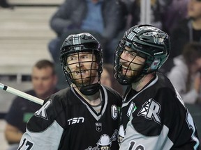 Calgary Roughnecks Curtis Dickson and Jesse King celebrate a goal against the Halifax Thunderbirds in National Lacrosse League action earlier this season.