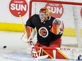 Calgary Flames goaltender Jacob Markstrom practises at the Scotiabank Saddledome on Monday, May 2, 2022.