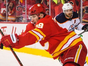 Matthew Tkachuk #19 of the Calgary Flames celebrates after scoring against the Edmonton Oilers during the third period of Game 1 of the second round of the 2022 Stanley Cup Playoffs at the Scotiabank Saddledome on May 18, 2022 in Calgary, Alberta, Canada.