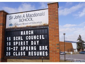 Sir John A. MacDonald School in Calgary on Monday, March 28, 2022.