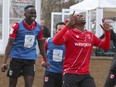 Cavalry FC’s Elijah Adekugbe celebrates after scoring a goal in second-half stoppage time to defeat Valour FC on ATCO Field at Spruce Meadows on Saturday, May 21, 2022.