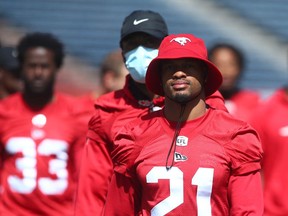 Calgary Stampeders defensive back Raheem Wilson is shown at practice with teammates in Calgary on Friday, May 27, 2022.