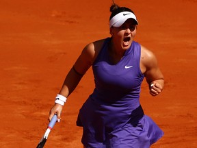 Bianca Andreescu celebrates a point in her second-round match against Danielle Collins at the Mutua Madrid Open at La Caja Magica on May 1, 2022 in Madrid, Spain.