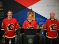 Calgary Mayor Jyoti Gondek and councillors  Dan McLean, left and Peter Demong announce a Stanley Cup playoff wager with their counter parts in Edmonton on Monday, May 16, 2022. It will be the first time since 1991 the Calgary Flames and Edmonton Oilers have met in the Stanley Cup playoffs.
