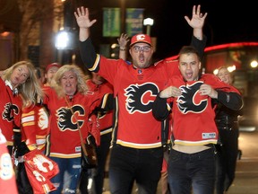 Flames fans celebrate on the Red Mile after the Calgary Flames defeated the Dallas Stars in Game 1 on May 3.