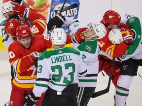 Calgary Flames and Dallas Stars players fight during first round Stanley Cup playoff action in Calgary on Tuesday, May 3, 2022.

Gavin Young/Postmedia