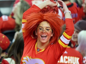 A Calgary Flames celebrates the team's 3-1 victory over the Dallas Stars in game 5 of Stanley Cup playoff action in Calgary on Wednesday, May 11, 2022.