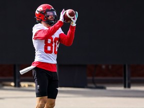 Calgary Stampeders receiver Reece Horn catches a pass during training camp at McMahon Stadium on Sunday, May 15, 2022.