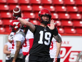 Calgary Stampeders quarterback Bo Levi Mitchell throws the ball during training camp at McMahon Stadium on Sunday, May 15, 2022.