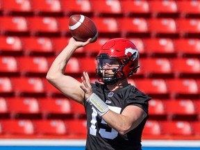 Quarterback Tommy Stevens throws a pass during Calgary Stampeders training camp at McMahon Stadium on Monday, May 16, 2022.