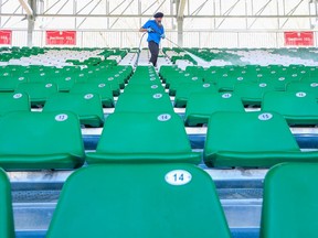 The seats get a cleaning at Spruce Meadows’ ATCO Field on Tuesday, May 24, 2022. Cavalry FC hosts the Vancouver Whitecaps in quarter-final Canadian Championship play on Wednesday evening.