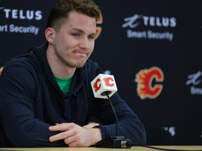 Calgary Flames forward Matthew Tkachuk talks with media at the Scotiabank Saddledome in Calgary on Saturday, May 28, 2022.