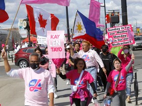 An expected 300-400 Filipino-Calgarians joined the "Miting de Avance", a political rally to express their support for the current Philippine Vice President Leni Robredo who is running for the country's highest office at Unity Park along International Avenue in Calgary on Saturday, May 7, 2022.